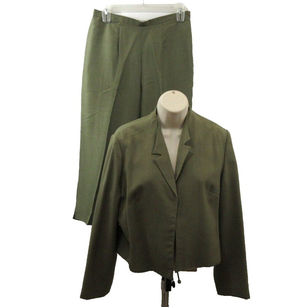 Henry Lee/Judith Hart Womens 2pc Open Front Jacket 14 100% Silk Pants 14P Green